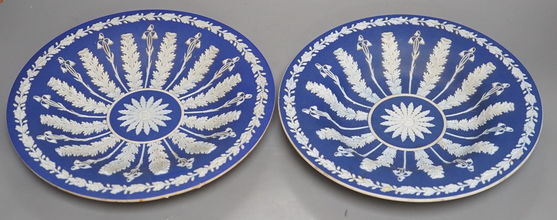 A pair of early 19th century Wedgwood jasper ware dishes, with radiating leaves from a central circle, 26cm